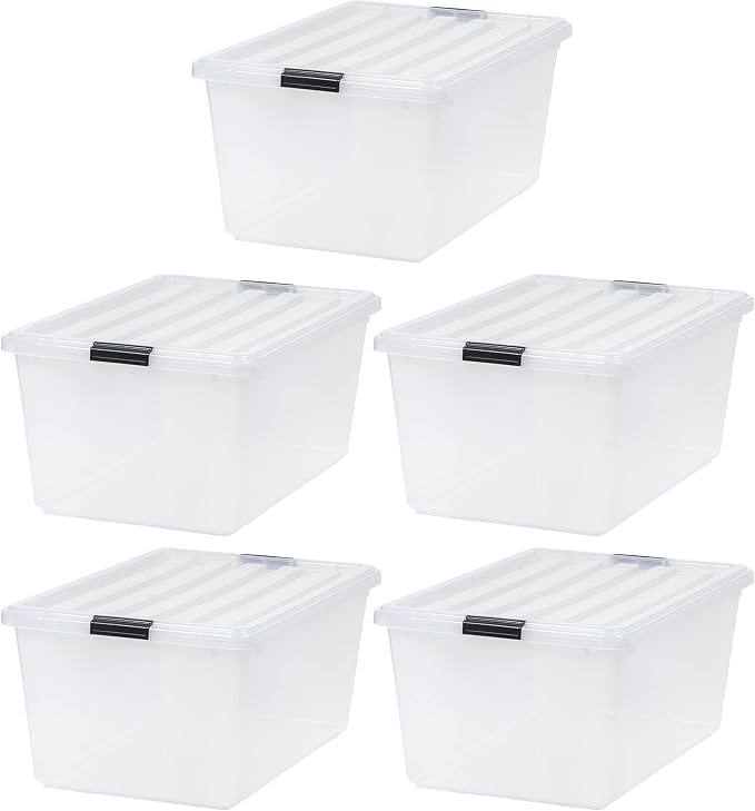 IRIS USA 68 Quart / 17 Gal. Stackable Plastic Storage Bins with Lids and Latch Buckles, 5 Pack - Pearl, Large Containers for Home and Office Ultra Organization, Durable Nestable Tote Box Tub by IRISUSA