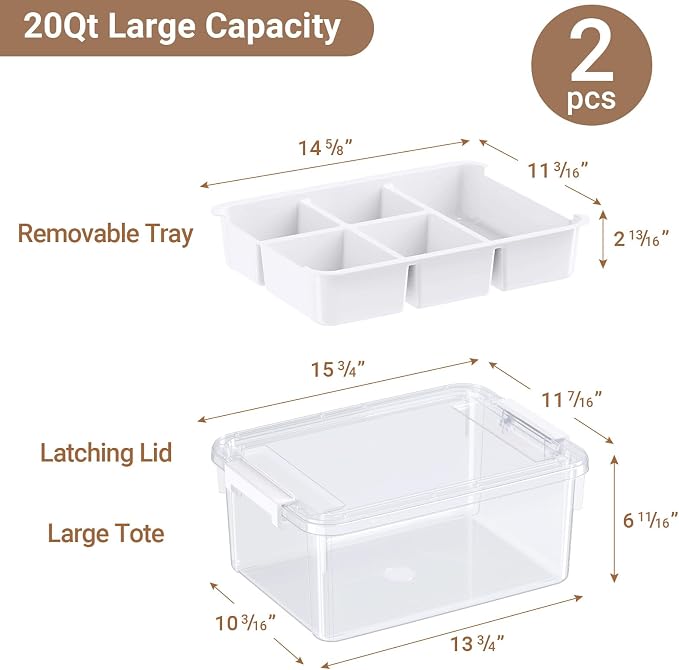 40Qt Stackable Storage Bins with Lids Trays Craft Box Organizers, 2Pack,WH | Clear Plastic Latching Boxes Organizers with Dividers Portable Containers for Arts & Crafts, Home Office Classroom Car Trunk - Image 2