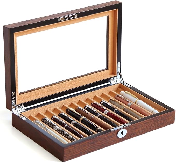 Fountain Pen Display Case with 12 Pens, Wood Pen Display Box, Lockable Pen Storage Box with Glass Top, Pen Box Organizer, Pen Collection Display Case (Brown with Camel Velvet) by Unknown