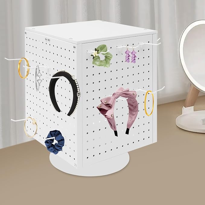 Pegboard Rotating Display Stand with 20 Hooks, 4-Sided Spinning Peg Board Display, 360° Rotatable Jewelry Organizer for Keychain, Earring, Bracelet, Retail, Craft Shows (White) - Image 7