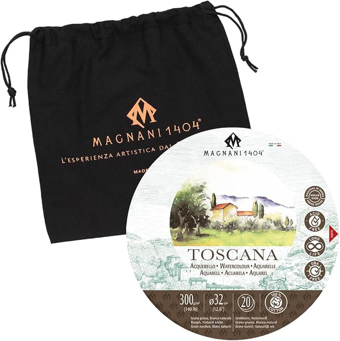 Magnani 1404 Toscana Rough 100% Cotton Watercolor Paper BlockBlock, 20 Sheets, 140 lb, 12.6" Round Watercolor Paper, Acid-Free, UV Resistant, Vegan Sized, Made in Italy by Magnani1404