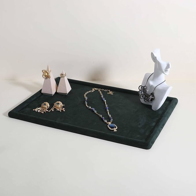 Rectangle Jewelry storage organizer plate, Velvet Jewerly display tray, Empty showcase tray for Necklace Bracelet Ring Earring【Green-Large, 17.7 x 11.8 in 】 - Image 3