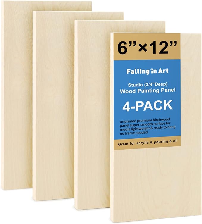4 Pack 6x12’’ Unfinished Birch Wood Panels Kit for Painting | Studio 3/4’’ Deep Wood Canvas, Cradle Boards for Acrylic Pouring, Art, Crafts, Epoxy Resin, Laser Engraving Cutting by FallinginArt
