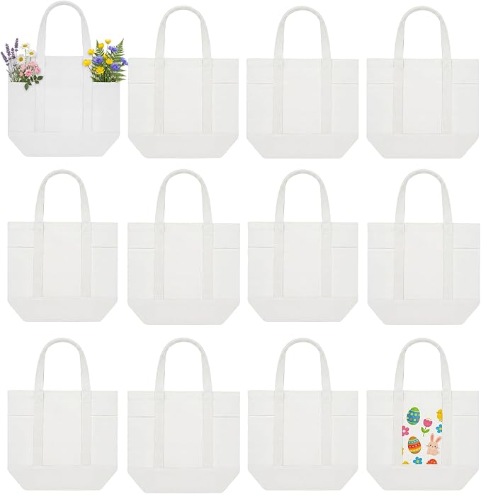 Eccliy 12 Pcs Mini Canvas Tote Bags 16" x 14" x 4" Small Tote Shopping Bag Bulk with Pocket Handle Blank Heavy Duty Reusable Canvas(White) by Eccliy