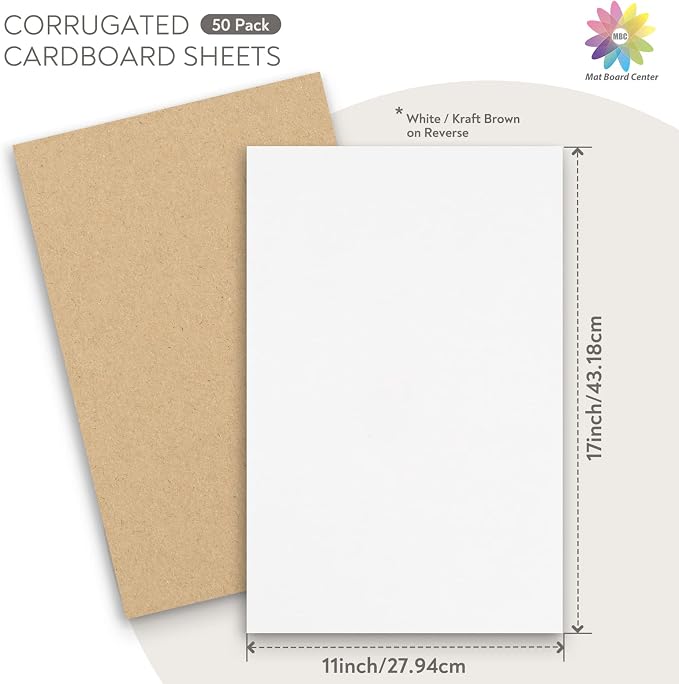 Mat Board Center, 11x17 Inch Corrugated Cardboard Sheets 50 Pack | Flat Cardboard Inserts for Mailing, Packaging & Shipping, Cardboard Backing, Craft Card Board (White on one side) - Image 2