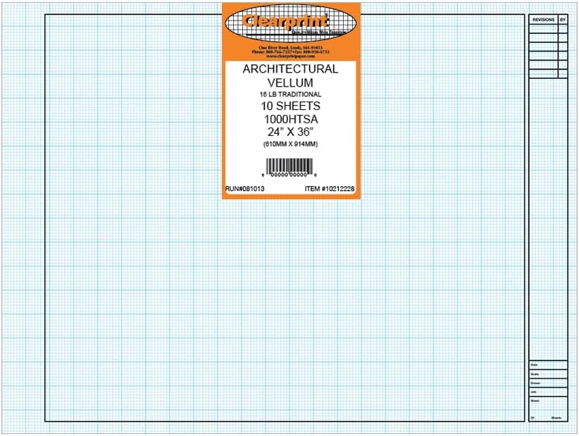 Clearprint 24" x 36" 1000H Design Vellum Sheets with Architect Title Block and Printed Fade-Out 8x8 Grid, 16 lb., 100% Cotton, 10 Sheets Per Pack, 1 Each by Clearprint