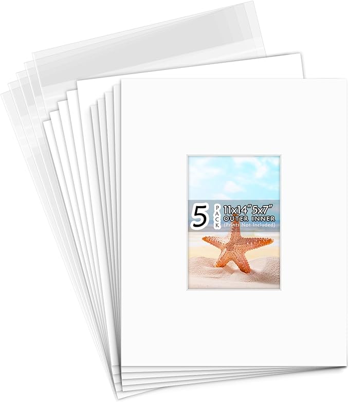 Golden State Art 5 Pack White Mat 11x14 for 5x7 Photo Matte+Backings+Bags | Acid-Free,4-Ply Thick,Pre-Cut Kit Mattes,White Core,Bevel Cut,For Photos, Pictures,Artwork, Poster or Print Display by GoldenStateArt