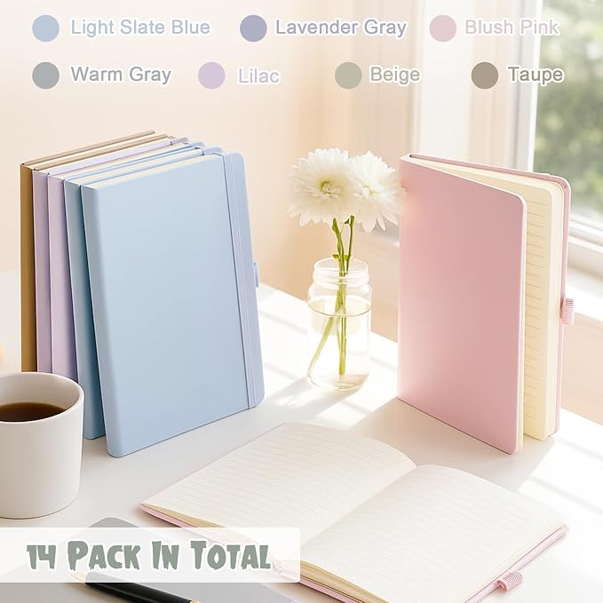 Laumoi 14 Pack Hardcover Lined Journal Notebooks Bulk,Morandi Color,A5 | PU Leather Journaling, Wide Ruled, with Pen Holder, for Office Business Work Writing - Image 6