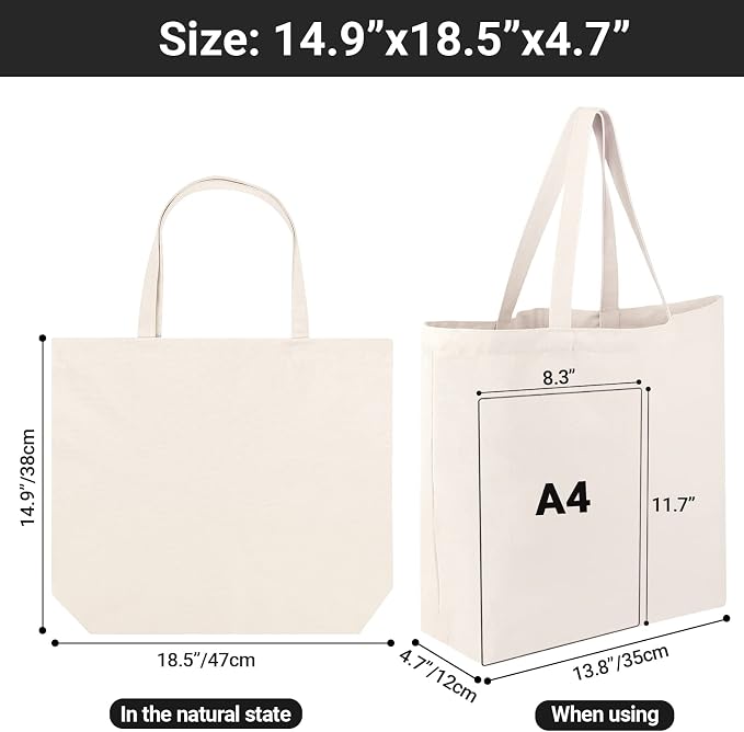 Segarty Canvas Tote Bag, 12 Pack 18x15 Blank Canvas Tote for Women, Reusable Bags Aesthetic with Natural Cotton and Shoulder Strap, Bulk for Gift，DIY, Grocery Shopping, Beach, Travel - Image 2