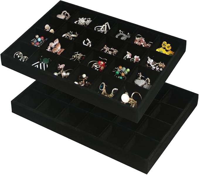 Coward 2PC Black Velvet Stackable 24 Gird Jewelry Organizer Tray Necklace Earring Box Storage Drawer Ring Earring Display Holder (24grid+24grid) by FocusOnJewelryDisplay15yrs