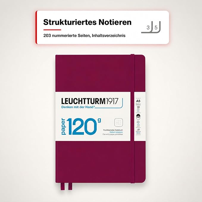 LEUCHTTURM1917 - 120G Special Edition - Medium A5 Dotted Hardcover Notebook (Port Red) - 203 Numbered Pages with 120gsm Paper - Image 4
