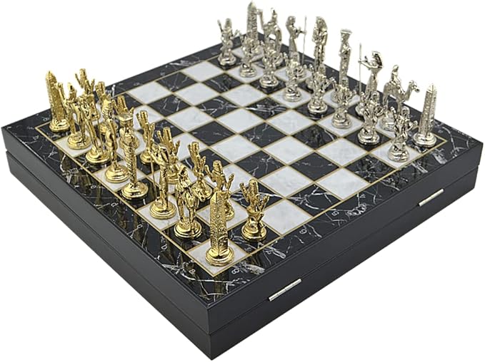 Metal Chess Set for Adults Egypt Pharaoh Figures,Handmade Pieces and Different Design Wooden Chess Board with Storage (Marble)