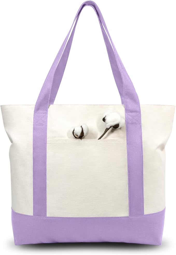 TOPDesign 6-Pack Canvas Tote Bags with an External Pocket, Reusable Grocery Shopping Bags, Top Zipper Closure, Daily Essentials (Lavender/Natural) by TOPDesign
