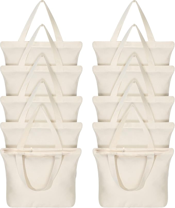 Epakh 10 Pack Canvas Tote Bag Bulk with Zipper,Reusable Beige | 16.5 x 3.9 x 13.4 Inch, Blank Canvas Cotton Bags Bulk with Zipper, Large Grocery Shopping Totes for Women Men DIY Crafting by Epakh