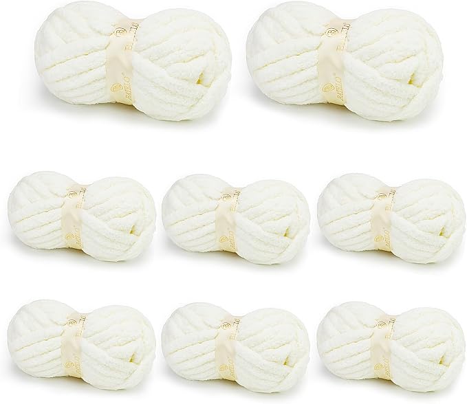 Chunky Yarn for Hand Knitting, Chunky Chenille Blanket Yarn for Crocheting, Bulky Soft Fluffy Chenille for Blanket Project, 8 Pack of 8oz/25yds, White by BATELO