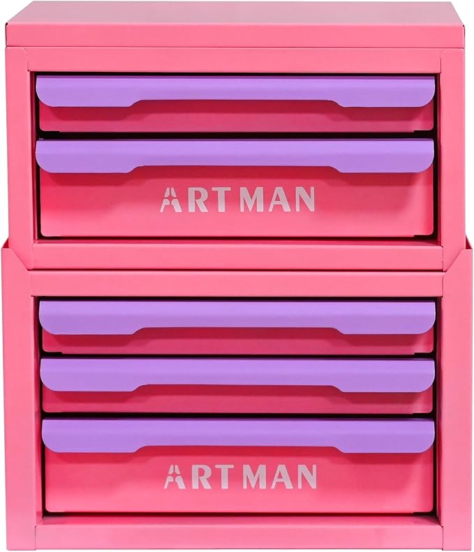 Mini Metal Tool Box, 2+3 Layer Portable Steel Small Tool Chest Cabinet, Stackable Desktop Organizer, Makeup & Stationery Storage Drawers with Handles for Home Office Workshop(Pink & Purple) - Image 9