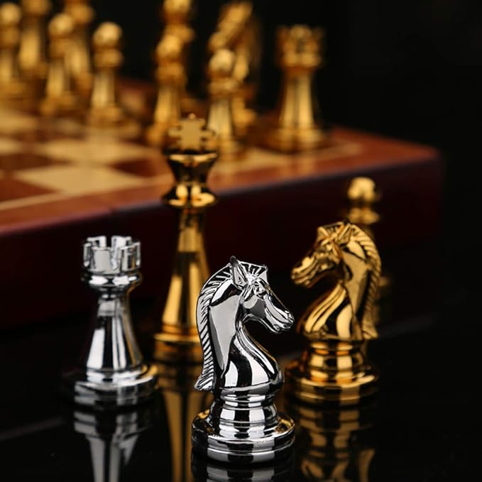 no branded Metal Glossy Golden and Silver Chess Pieces Solid Wooden Folding Chess Board High Grade Professional Chess Games Set