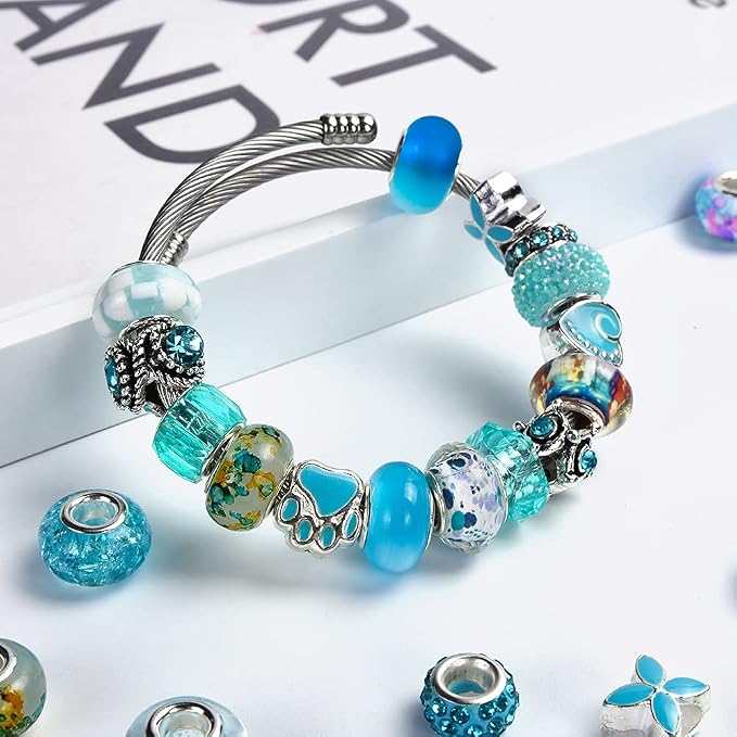 Aipridy European Large Hole Beads, Colorful Glass Charm Beads Set, Assorted Patterns and Designs Rhinestone Craft Beads for DIY Bracelet Jewelry Making (60, Sky Blue Resin+Alloy) - Image 5