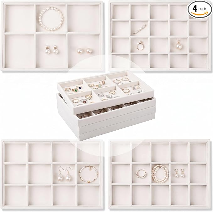 Unittype Set of 4 Stackable Jewelry Organizer Tray for Drawer Inserts Velvet Necklace Earring Bracelet Ring Holder Jewelry Display Storage Box for Bangle Stud Necklace Ring(6/12/15/24 Grid,Beige) by Unittype