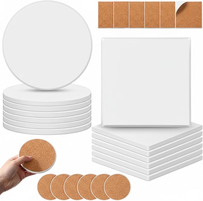 Zopeal 24 Pcs Ceramic Tiles for Crafts Coasters Include Unglazed White Ceramic Tiles with Cork Backing Pads Use with Alcohol Ink Acrylic Pouring for DIY Project Gift (Square,Round) by Zopeal