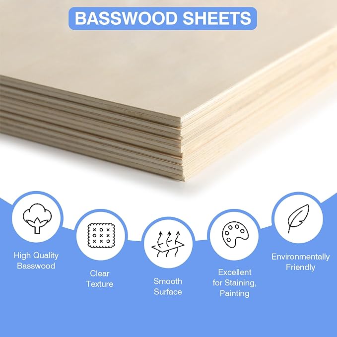 12 Pack Basswood Sheets for Crafts 12 x 18 x 1/8 in, 3mm Thick Unfinished Plywood for Laser Cutting & Engraving, DIY Ornaments and Architectural Model - Image 3