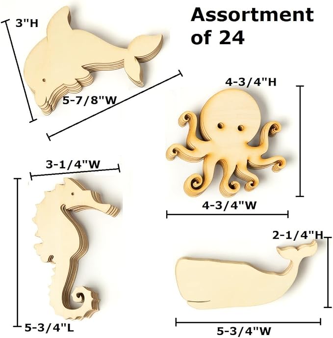 Pack of 24 Unfinished Wood Assorted Sea Creature Cutouts by Factory Direct Craft - Blank Wooden DIY Sea Creature Shapes for Party Crafts and Decorations - Image 2