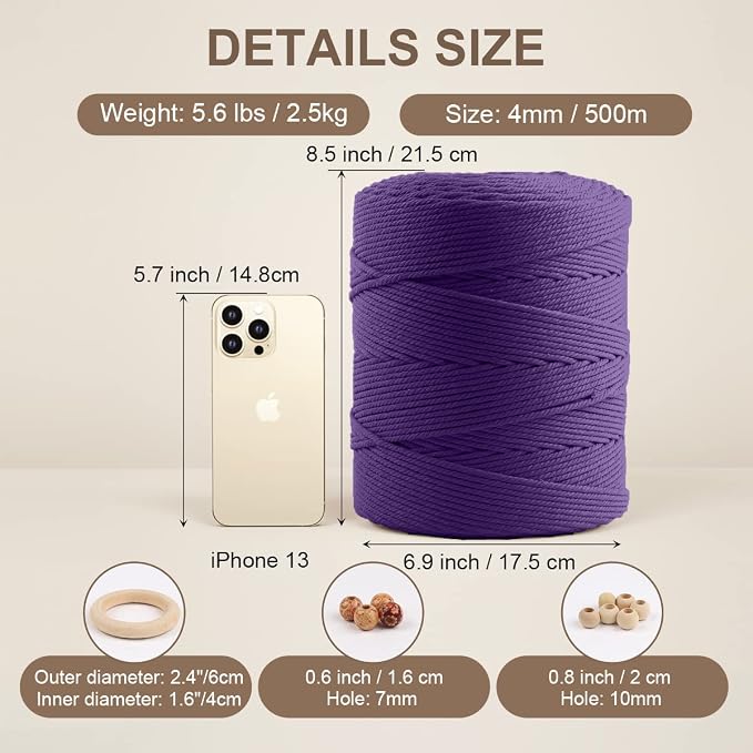 ZUEXT Macrame Cord, Dark Violet, 4mm x 547yds Cotton String Macrame Yarn | Natural Handmade, 4 Strands Twisted Cotton Rope, for Craft Wall Hanging Weaving Tapestry Dream Catchers Hanger DIY Gift, 500m - Image 2