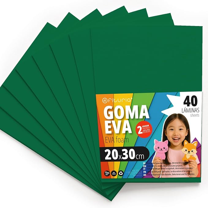 OFITURIA Foam Rubber for Crafts and School Projects, Coloured Foam Ideal for DIY, Decoration, Scrapbooking and Creative Projects, 20 x 30 cm (Dark Green, Pack of 40) by OFITURIA