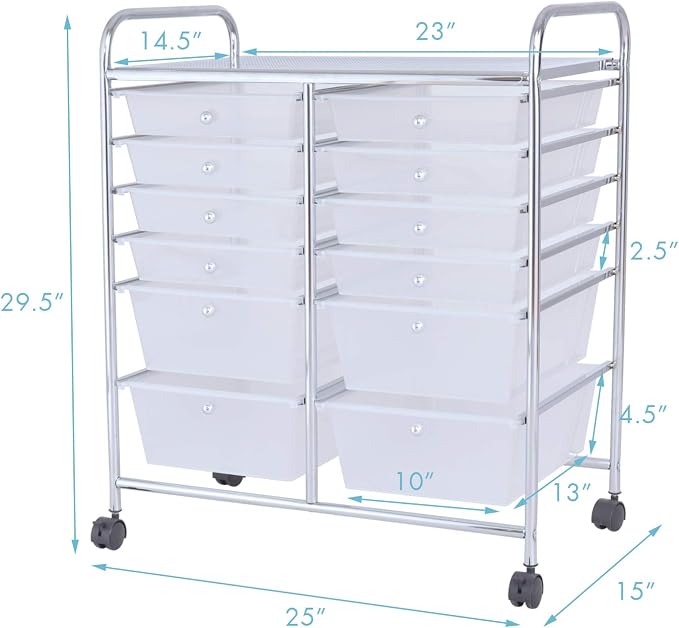 12 Drawer Rolling Storage Cart, Craft Cart Organizer on Wheels w/Metal Frame, Large Capacity & Smooth Drawer, Rolling Cart w/Drawers for Classroom, Office - Image 3