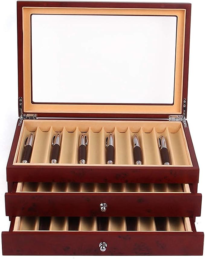 34 Slots Wooden Pen Display Box, 34 Pens Storage Fountain Pen Collector Case with Transparent Top Large Organizer Box, Gifts for Man Father Boyfriend Husband (Red) by LOYALHEARTD