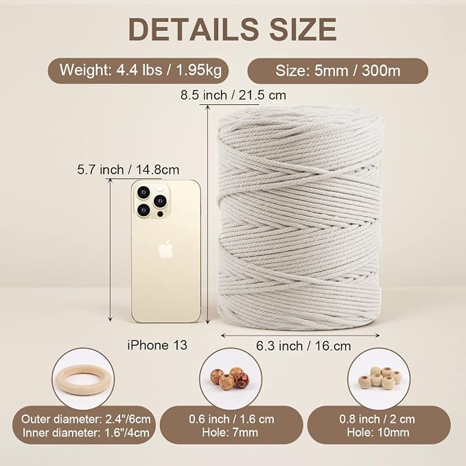 ZUEXT Macrame Cord, Beige White, 5mm x 328yds Cotton String Macrame Yarn | Natural Handmade, 4 Strands Twisted Cotton Rope, for Craft Wall Hanging Weaving Tapestry Dream Catchers Hanger DIY Gift, 300m - Image 2