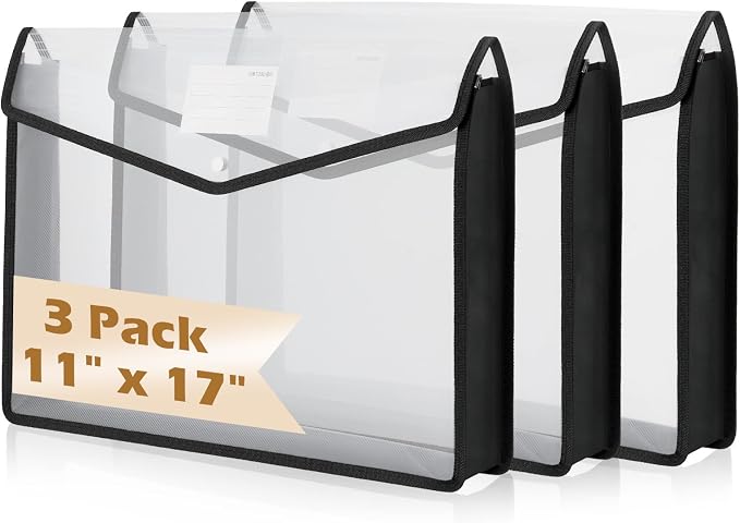 3 Pcs 11 x 17 Inch Expandable Tabloid Size Document Folder with Label A3 Plastic Folders for Documents Expanding File Wallet Envelope Size (3, Black) by XUWAIDSGN