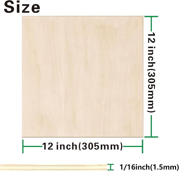 12 Pack Basswood Sheets 1/16 inch,12"x12"x1/16 Plywood Sheets,1.5mm Basswood for Laser Cutting,Laser Engraving Blanks,Thin Natural Unfinished Wood for Crafts,Wood Burning,Scroll Saw Cutting - Image 2