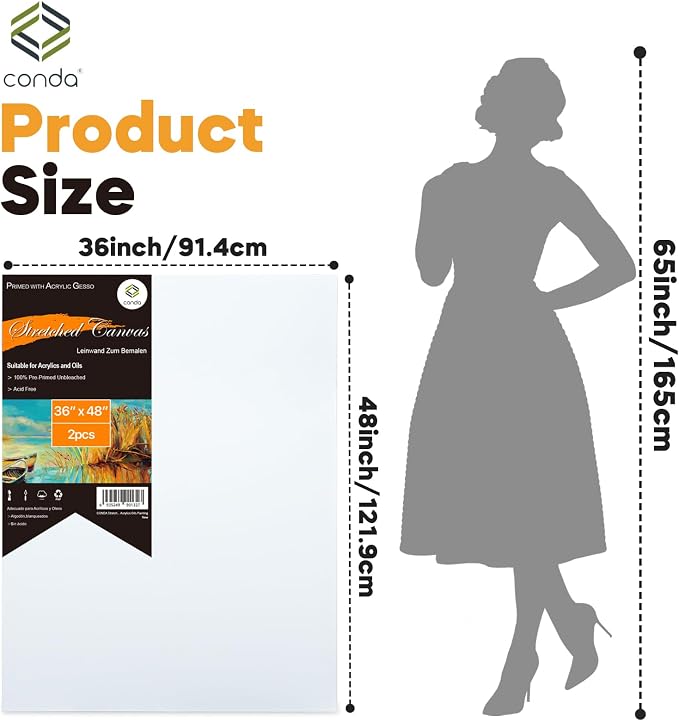 CONDA Large Canvas for Painting 36x48 Inch 2-Pack, Big Stretched Canvas 100% Cotton, Primed Acid-Free, Artist Canvas for Acrylics Oils Pouring Painting - Image 8