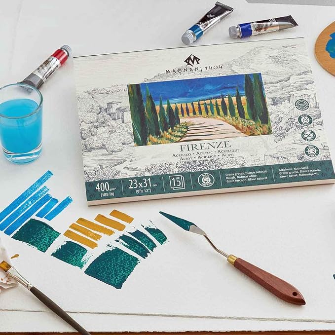 Magnani 1404 Firenze 100% Cotton Acrylic Paint Paper Pad, 9x12 188 lb. 15 Heavyweight Sheets, Rough Texture, Vegan Sizing, Natural White Acrylic Paper Pad for Acrylic, Gouache, Ink & Watercolor - Image 5