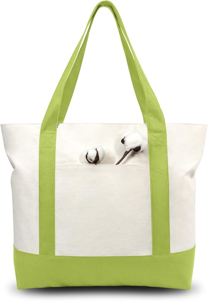 TOPDesign 1-Pack Canvas Tote Bag with an External Pocket, Reusable Grocery Shopping Bag, Top Zipper Closure, Daily Essentials (Light Green/Natural) by TOPDesign