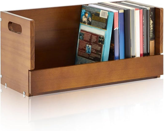 1 Set Wooden DVD Storage Box DVD Storage Shelf Holder Solid Wood Cassette Tape Display Organizer with Carrying Handle for CD, Movie Cases, Each Organizer Can Store up to 26 Boxes (Brown)