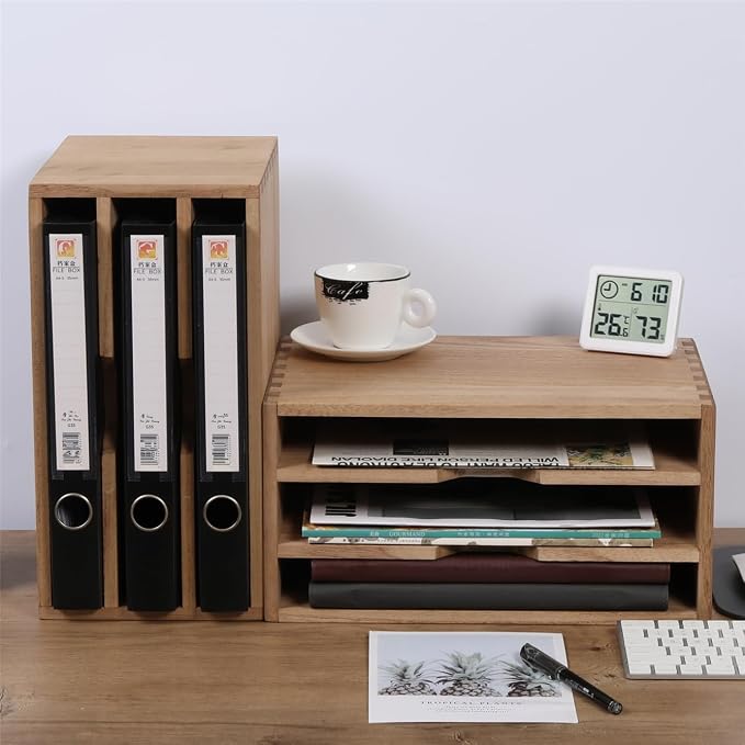DDYURI 3-Tier Paper Storage Letter Tray File Sorter - Wood Desktop Document Organizer Holders with Mail Sorter, School & Home Magazine File Dividers, Book Rack Shelf Stand for HD-SJ3K (Light) - Image 6