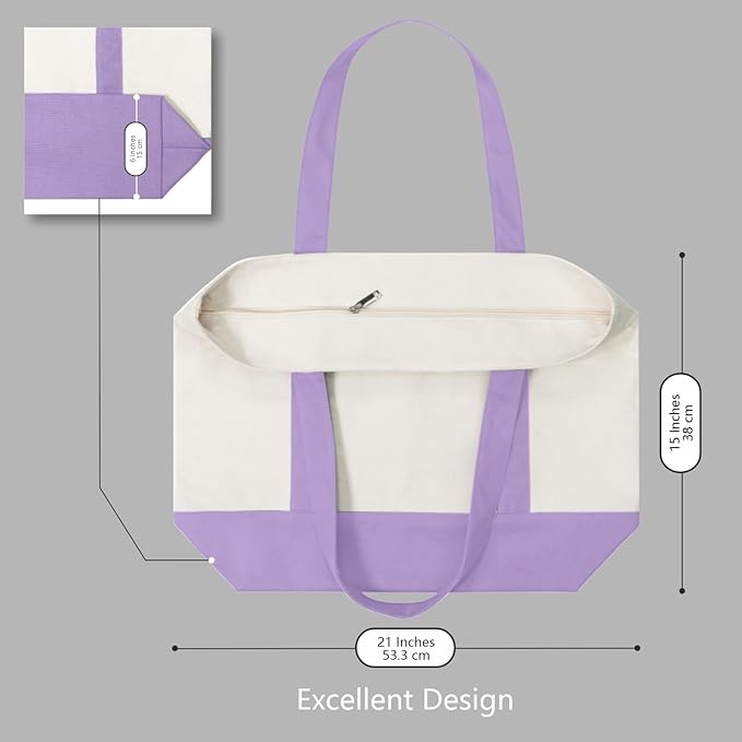 TOPDesign 6-Pack Canvas Tote Bags with an External Pocket, Reusable Grocery Shopping Bags, Top Zipper Closure, Daily Essentials (Lavender/Natural) - Image 5
