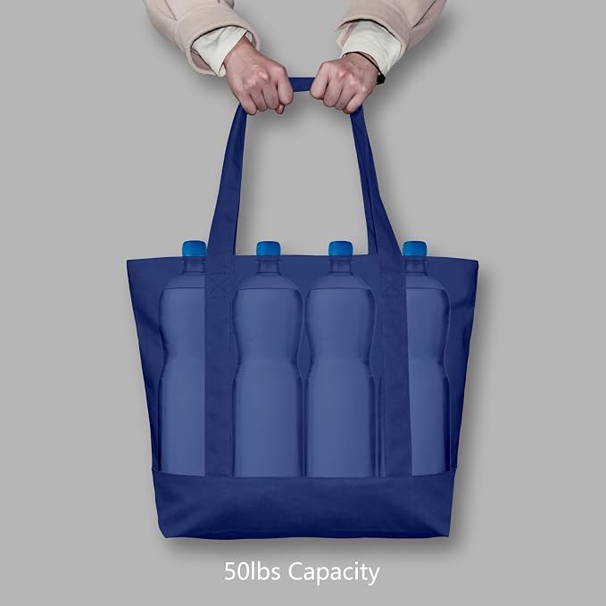 TOPDesign 30-Pack Canvas Tote Bags with an External Pocket, Reusable Grocery Shopping Bags, Top Zipper Closure, Daily Essentials (Blue) - Image 6