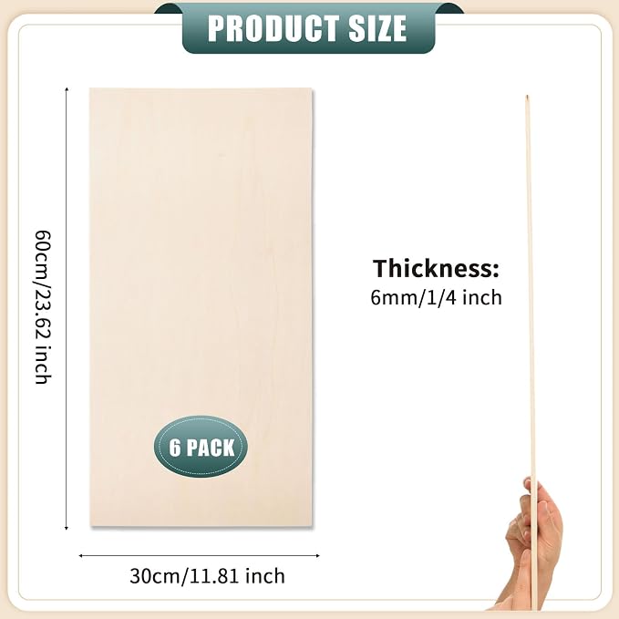 6 Pack 12 x 24 x 1/4 Inch-6mm Thick Basswood Sheets for Crafts Unfinished Plywood Sheets Rectangular Wood Panel Boards for DIY Laser Project, Wood Burning, Engraving, Architectural Models, Staining - Image 2