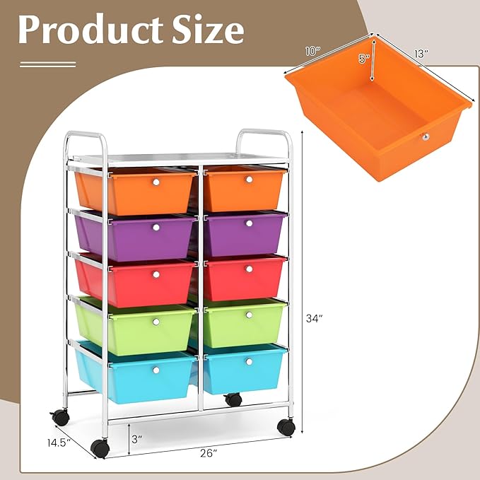 RELAX4LIFE Rolling Storage Cart with 10 Drawers - Craft Storage Cart with Lockable Wheels,Utility Cart, Art Cart Organizer for Crafting Storage, Studio, Office, Home, School Rolling Drawer Cart - Image 3