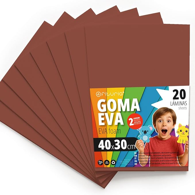 OFITURIA Foam Rubber for Crafts and School Projects, Coloured Foam Ideal for DIY, Decoration, Scrapbooking and Creative Projects, 40 x 30 cm (Brown, Pack of 20) by OFITURIA