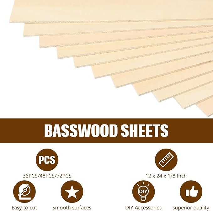 Riakrum Basswood Sheets Plywood Board Unfinished Wood Boards for Crafts for DIY Laser Projects Architectural Mini House Building Hobby Model Making(12 x 24 x 1/8 Inch,48) - Image 5