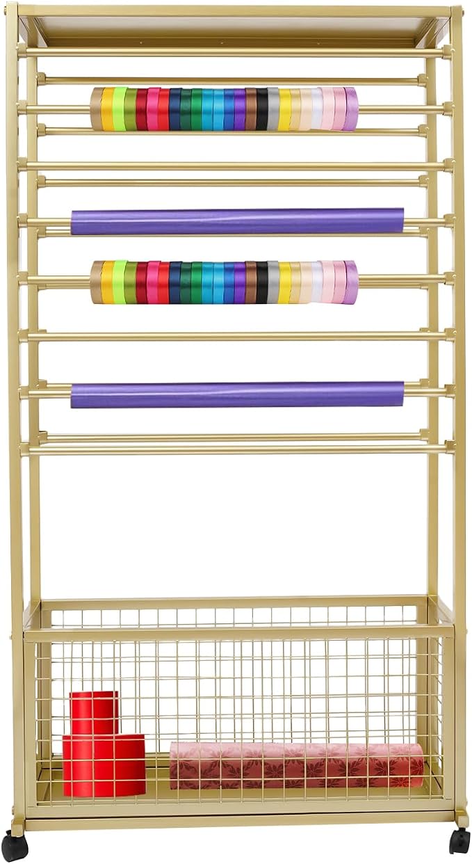 Ribbon Holder Organizer Rack, 16-Layer Ribbon Holder with Wheels | Double-Sided 16-Layer Ribbon Holder with Wheels, Wrapping Paper Ribbon Display Rack Storage Shelf for Craft Room - Image 2