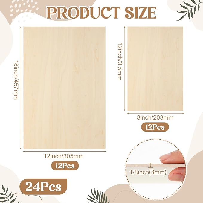 SiliFine 8x12+12x18 Inch 24 Pack Basswood Sheets for Crafts, Mixed Sizes 1/16“or 1/8" 3mm Plywood Boards, Unfinished Wood Sheets for Laser Cutting Burning Paint DIY Project Model (Rectangle) - Image 2