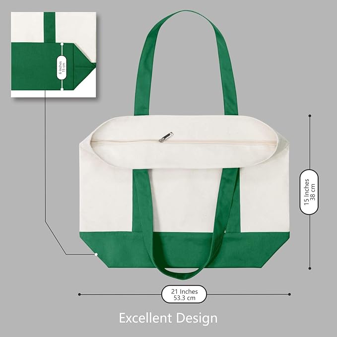 TOPDesign 1-Pack Canvas Tote Bag with an External Pocket, Reusable Grocery Shopping Bag, Top Zipper Closure, Daily Essentials (Green/Natural) - Image 5