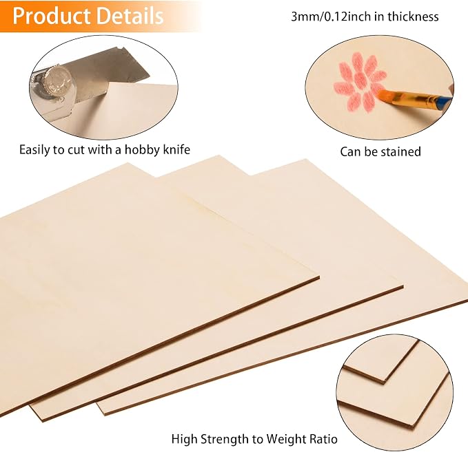 12 Pack Basswood Sheets for Crafts-12 x 12 x 1/8 Inch- 3mm Thick Plywood Sheets with Smooth Surfaces-Unfinished Squares Wood Boards for Laser Cutting, Wood Burning, Architectural Models, Staining - Image 3
