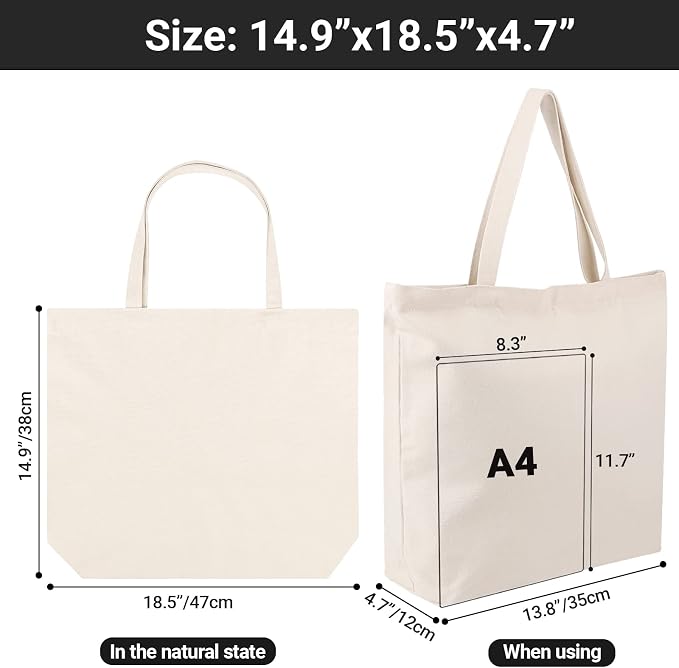 Segarty Canvas Bag with Zipper, 6 Pack 18x15in Blank Canvas Tote Bags for Women, Reusable Tote Bags Aesthetic with Natural Cotton Cloth, Shoulder Strap, Bulk for DIY Grocery Beach Travel Gift - Image 2