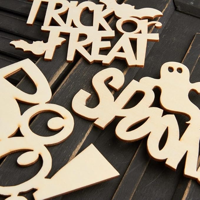 Pack of 18 Unfinished Wood Trick or Treat with Bats, Boo!, and Spooky Ghost Cutouts - Halloween Wooden Shapes for Fall Crafts and Autumn Decorations - Made in USA (3" to 3-3/4" H) - Image 4
